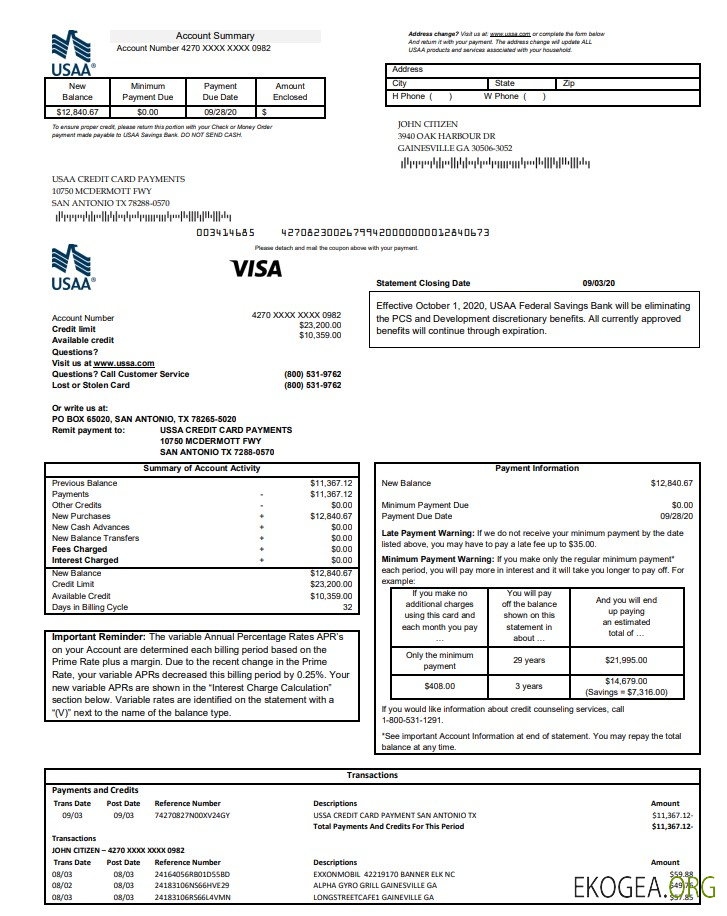 Relevé de carte de crédit bancaire USA USAA